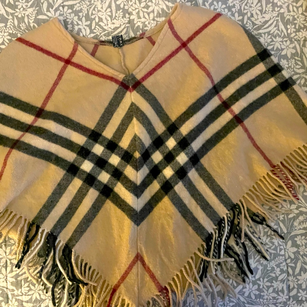 Burberry Beige Plaid Fringe Poncho with Black and Red Stripes